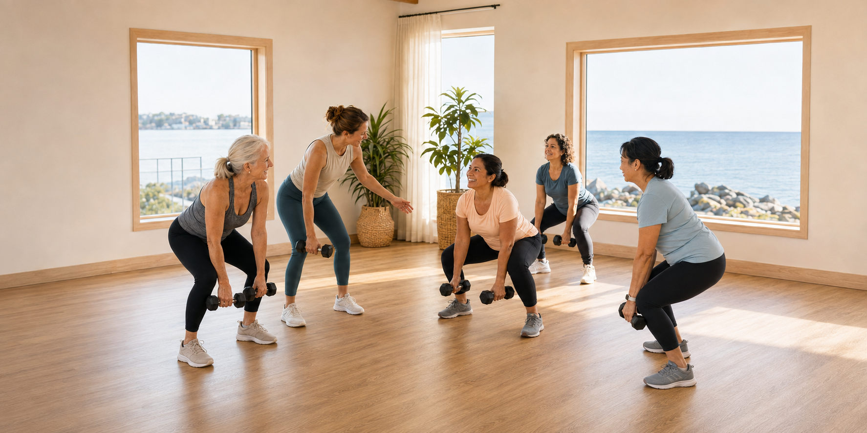 A welcoming group of women doing a coached strength workout together